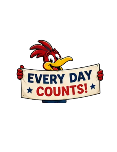A cartoon woodpecker character holds a banner reading "Every Day Counts!" decorated with blue stars.