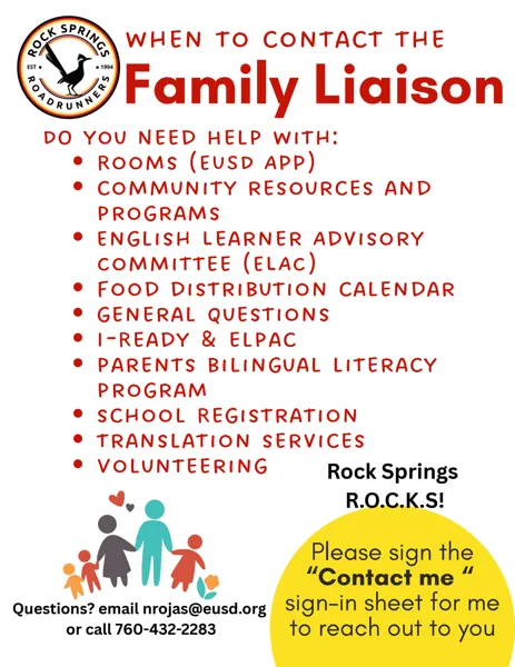 A school flyer from Rock Springs Elementary listing services provided by the Family Liaison, with contact details and a colorful family illustration.