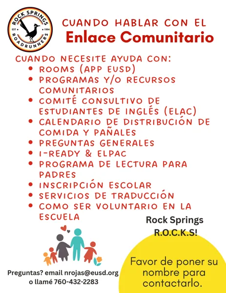 Un folleto colorido de la escuela Rock Springs con texto en rojo y negro sobre fondo blanco, que incluye el logotipo de los Roadrunners, una ilustración de una familia y un círculo amarillo en la esquina inferior derecha.