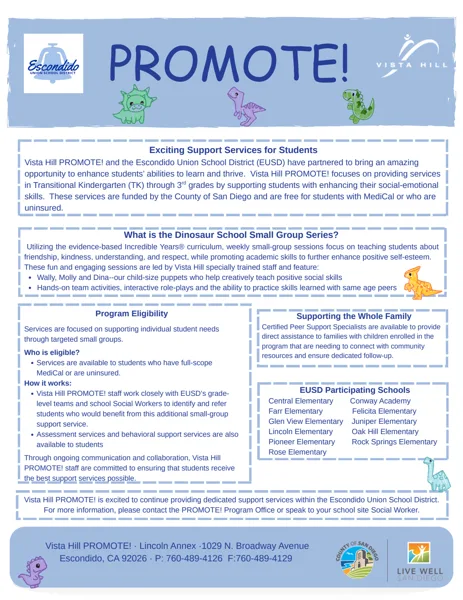 A light-blue school program flyer showing the Vista Hill and Escondido Union School District logos alongside cartoon dinosaur illustrations, advertising the PROMOTE! program for elementary students.