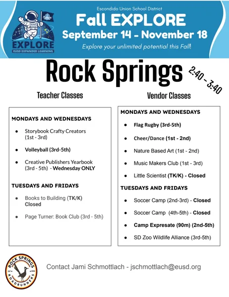 A school program flyer for Rock Springs showing Fall EXPLORE class listings divided into Teacher Classes and Vendor Classes, with days, grade levels, and contact information.
Contact
Email Jami Schmottlach