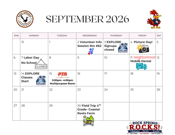 A monthly calendar for September 2026 from Rock Springs Elementary listing school events, closures, and activities for each day of the month.