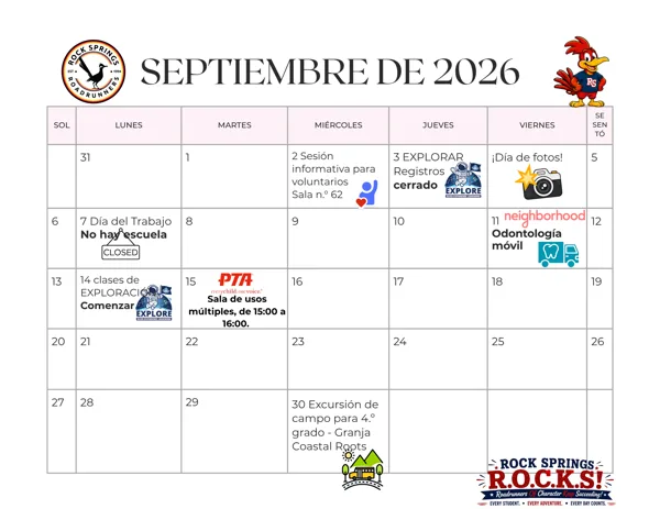 A Spanish-language school calendar for Rock Springs Elementary for September 2026, showing scheduled events including Photo Day, Labor Day, PTA meeting, mobile dentistry, EXPLORE classes, and a 4th grade field trip.
