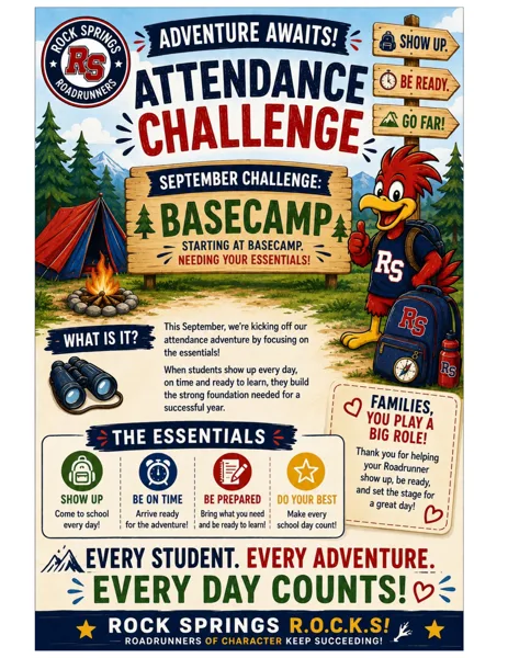 A colorful school flyer featuring a cartoon roadrunner mascot with a backpack at a campsite, promoting a September attendance challenge.
