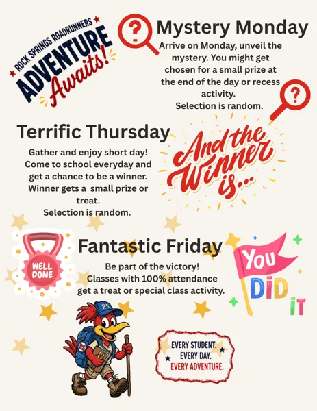 A colorful school flyer featuring the Rock Springs Roadrunners mascot, a cartoon roadrunner with a backpack, promoting a weekly attendance incentive program with three themed days.