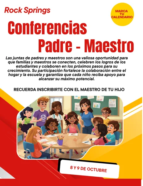 Un volante colorido en rojo, amarillo y blanco con una ilustración animada de niños y maestros reunidos alrededor de una mesa en un salón de clases.