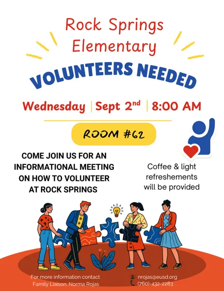 A colorful school flyer showing four illustrated people assembling puzzle pieces together, promoting a volunteer informational meeting at Rock Springs Elementary.