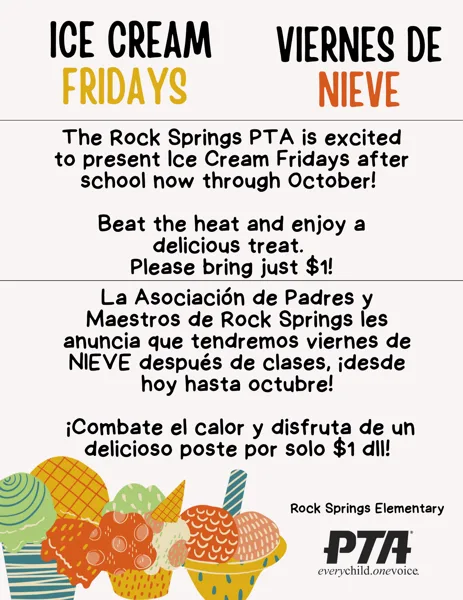 A colorful school flyer featuring illustrated ice cream scoops and cones promoting Ice Cream Fridays after school.