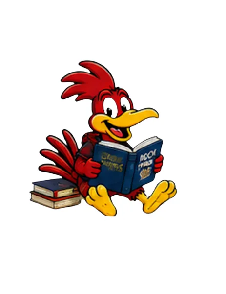 A cartoon woodpecker character with a red crest and yellow beak sits reading a blue book with a stack of books beside it.