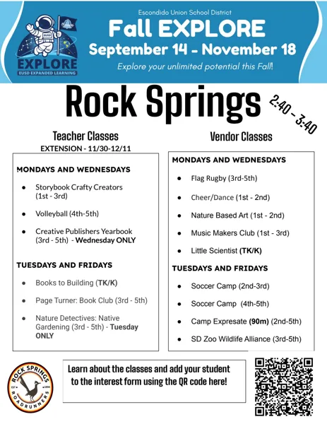 A school flyer for the Escondido Union School District's Fall EXPLORE after-school program at Rock Springs Elementary, listing teacher and vendor enrichment classes by grade level and day.