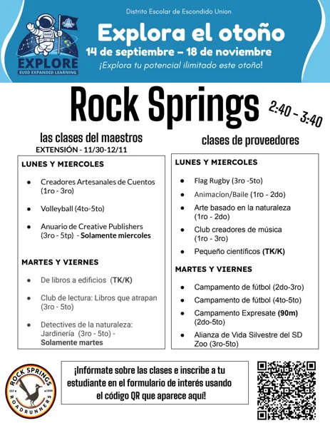 Un volante colorido en azul y blanco con el logo de un astronauta en la esquina superior izquierda y un código QR en la esquina inferior derecha, organizado en dos columnas con recuadros de texto y el logo de Rock Springs Roadrunners en la parte inferior izquierda.