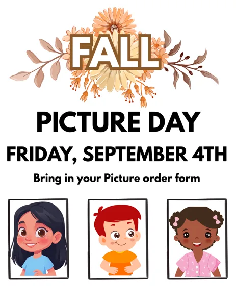 A school flyer featuring autumn floral decorations and three cartoon portrait illustrations of diverse children in picture frames.