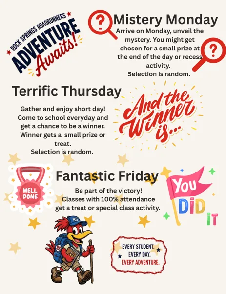 A school flyer for Rock Springs Roadrunners featuring a cartoon roadrunner mascot with a backpack and three weekly attendance incentive programs described in colorful text.