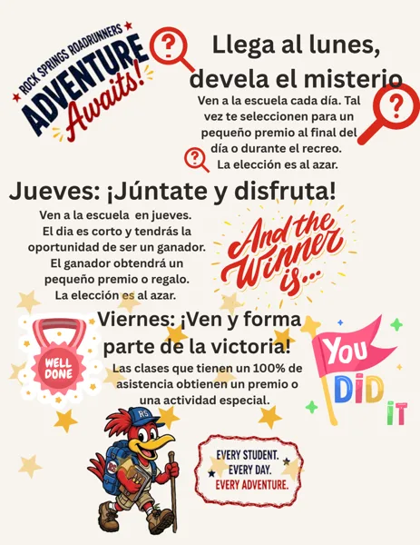 Un volante escolar colorido con fondo crema que incluye ilustraciones de estrellas doradas, lupas rojas con signos de interrogación, insignias decorativas y la mascota de la escuela Rock Springs Roadrunners, un pájaro animado con mochila y bastón de senderismo.