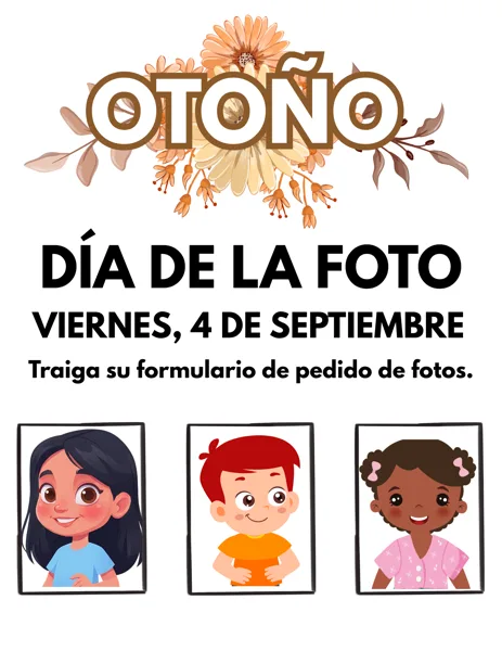 A Spanish-language school flyer announcing autumn picture day on Friday, September 4th, featuring illustrated cartoon children of diverse backgrounds posed as portrait photos.