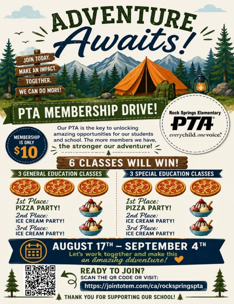A colorful camping-themed school flyer featuring an orange tent, pine trees, and mountains in the background, promoting a PTA membership drive with prize details for winning classes.