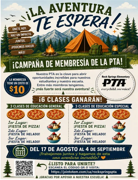 Un volante colorido con temática de campamento que muestra una tienda de campaña naranja, una fogata, árboles de pino y montañas de fondo, con un diseño en tonos verde oscuro, azul marino y dorado.