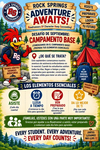 A colorful school attendance campaign poster for Rock Springs Roadrunners features a cartoon roadrunner mascot in a camping-themed design with motivational messages in Spanish and English encouraging students to attend school, arrive on time, and come prepared to learn.