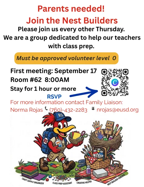 A cartoon red bird mascot wearing a backpack carries craft supplies toward a nest filled with art materials, surrounded by labeled roles including craft supply organizer, class prep assistant, creative helper, and nest builder parents.