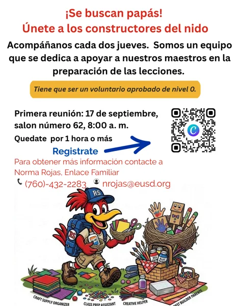Un volante colorido con texto en rojo y negro sobre fondo blanco, decorado con la ilustración de un pájaro carpintero animado vestido con ropa de explorador y una mochila azul, junto a una cesta llena de materiales escolares y artísticos.