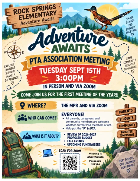 A colorful adventure-themed flyer with a map background, compass, backpack, roadrunner bird, and forest scenery promoting a PTA meeting at Rock Springs Elementary.