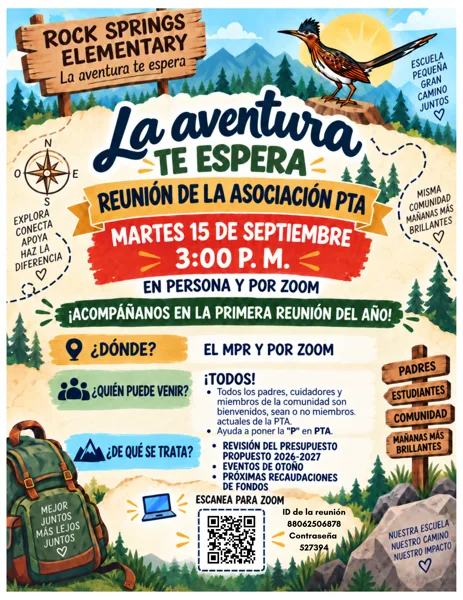 A colorful Spanish-language flyer for Rock Springs Elementary School's PTA meeting on September 15 at 3:00 PM, featuring an adventure theme with forest illustrations, a roadrunner bird, and details for attending in person or via Zoom.