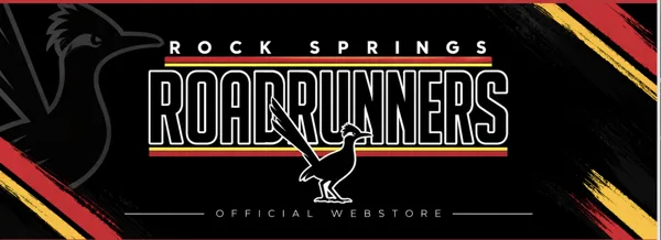 A black banner for the Rock Springs Roadrunners Official Webstore features bold white text, a roadrunner bird illustration, and diagonal red and yellow brush strokes.