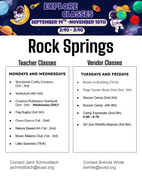 A school program flyer with a space theme showing astronauts and planets, listing after-school enrichment classes at Rock Springs elementary school.