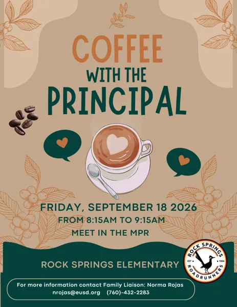 A warm beige flyer featuring a latte art coffee cup surrounded by coffee beans and heart-shaped speech bubbles, promoting a school event at Rock Springs Elementary.