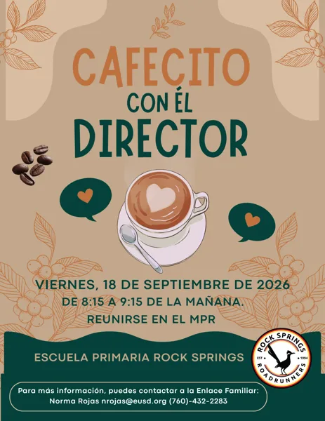 Un folleto de fondo beige y verde oscuro con ilustraciones de granos de café, hojas y una taza de café con latte art en forma de corazón, acompañada de íconos de burbujas de diálogo con corazones.