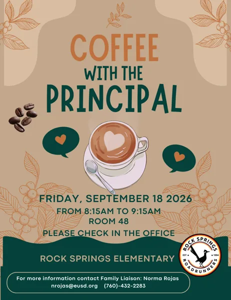 A warm tan flyer featuring an illustrated latte cup with a heart design, coffee beans, and decorative botanical line art.