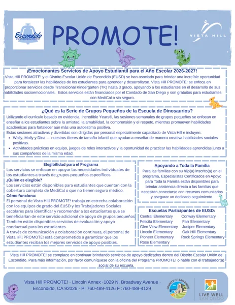 Un volante informativo de fondo azul claro con ilustraciones de dinosaurios de colores, los logotipos de Escondido Union School District y Vista Hill en la parte superior, y el texto organizado en secciones con recuadros de bordes punteados.