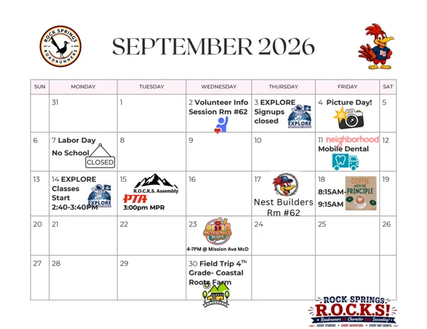 A monthly calendar grid for September 2026 from Rock Springs Elementary School listing school events, closures, and activities for each day.