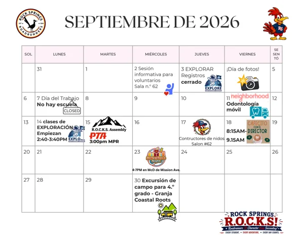 Un calendario escolar mensual de septiembre de 2026 con fondo blanco y rosa, que incluye el logotipo de Rock Springs Roadrunners y una mascota de pájaro animado en los extremos superiores, con íconos coloridos que ilustran los eventos de cada día.