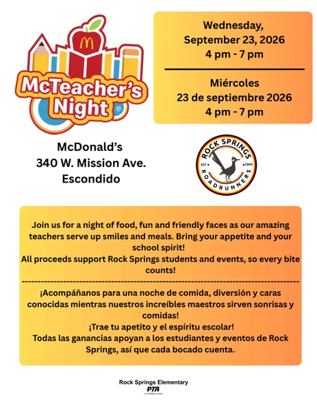 A colorful school fundraiser flyer featuring the McTeacher's Night logo with a McDonald's apple and pencils, alongside the Rock Springs Roadrunners mascot seal.