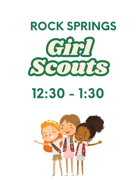 A flyer showing three cartoon girls in scout vests hugging and smiling together.