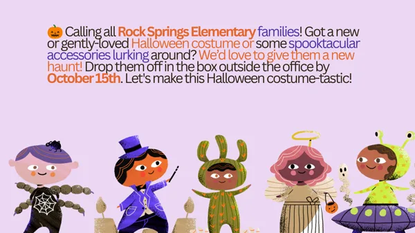 A illustrated flyer showing five children in Halloween costumes including a spider, magician, cactus, angel, and alien, against a lavender background.