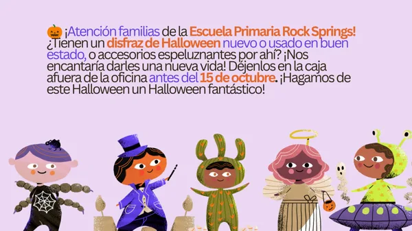 Un volante de fondo lila con texto colorido en naranja, azul y morado, decorado en la parte inferior con ilustraciones de cinco niños disfrazados de Halloween con estilos de dibujo animado.