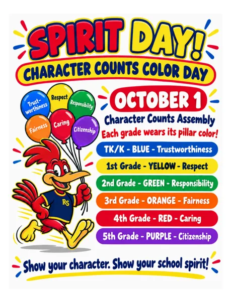 A colorful school flyer featuring a cartoon rooster mascot holding balloons labeled with character pillars, announcing a Spirit Day assembly on October 1.