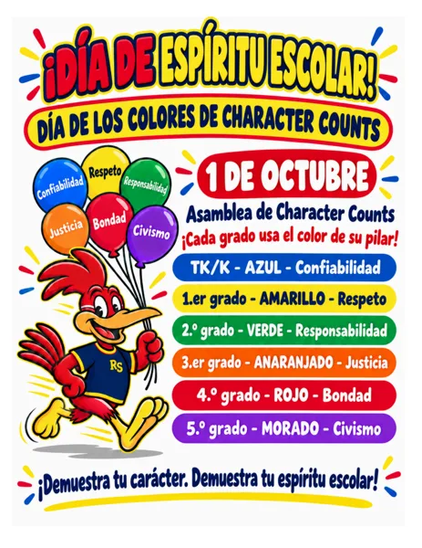Un volante colorido con fondo blanco presenta un gallo animado con uniforme azul sosteniendo globos de colores (azul, amarillo, verde, naranja, rojo y morado), con texto en letras grandes y llamativas en rojo, amarillo y azul.