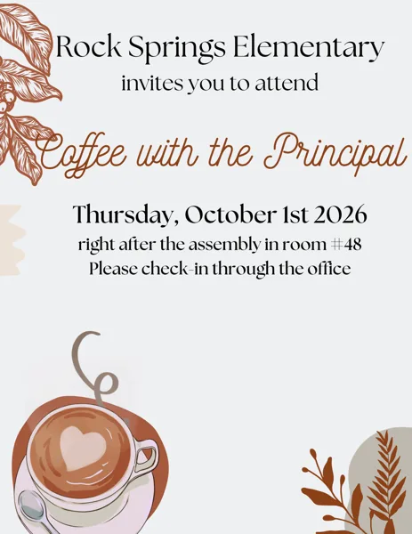 A decorative school event flyer with coffee plant illustrations, a latte art cup, and botanical accents in brown and beige tones.
