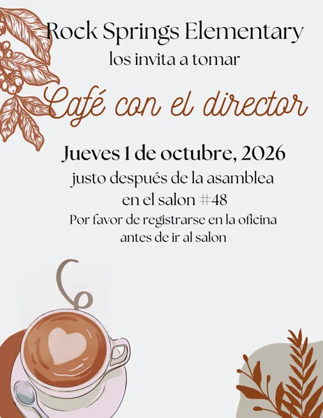 Un volante de tonos beige y café con ilustraciones de una taza de café con leche, hojas de planta y ramas decorativas en los bordes.