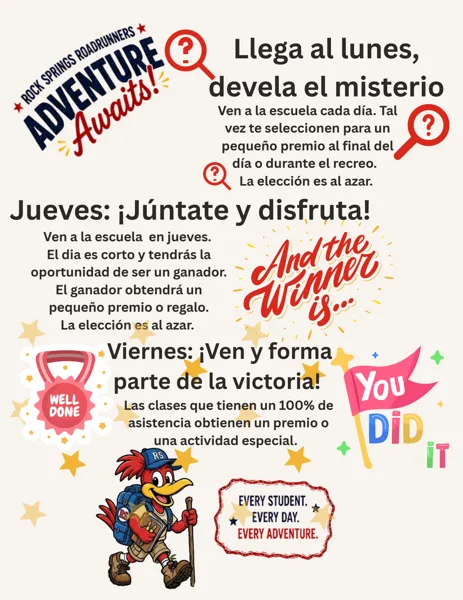 Un folleto escolar colorido con fondo beige que presenta el logotipo de Rock Springs Roadrunners, íconos de lupas con signos de interrogación, estrellas decorativas doradas, insignias rojas y rosas, y la mascota de un pájaro animado con mochila y bastón de senderista.