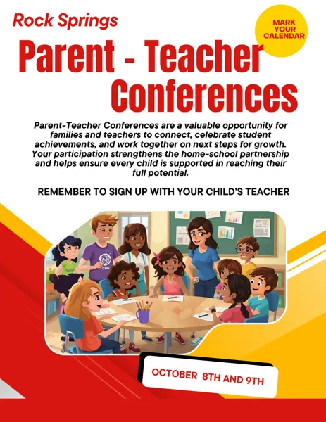 A colorful school flyer showing an illustrated cartoon scene of children and a teacher gathered around a round table in a classroom.