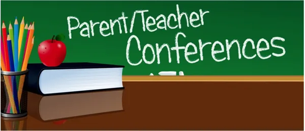 A colorful illustrated graphic featuring a chalkboard with the text "Parent/Teacher Conferences," alongside a stack of books, a red apple, and a cup of colored pencils on a wooden desk.
