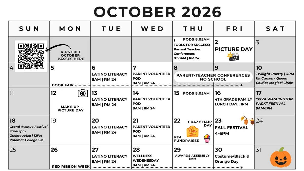 A monthly calendar grid for October 2026 listing school events, holidays, and activities for each day.