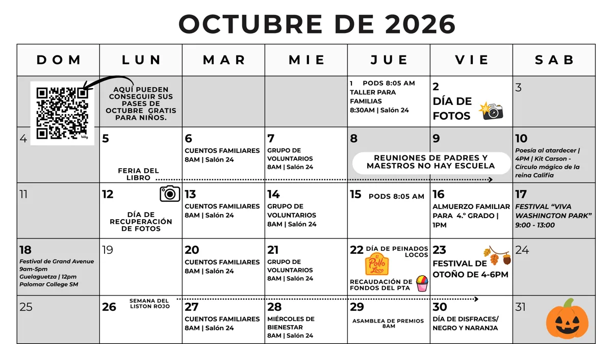 Un calendario mensual de octubre de 2026 en blanco y negro, con cuadrícula de siete columnas para los días de la semana, que incluye íconos decorativos como una calabaza de Halloween, hojas otoñales, una cámara y un código QR.