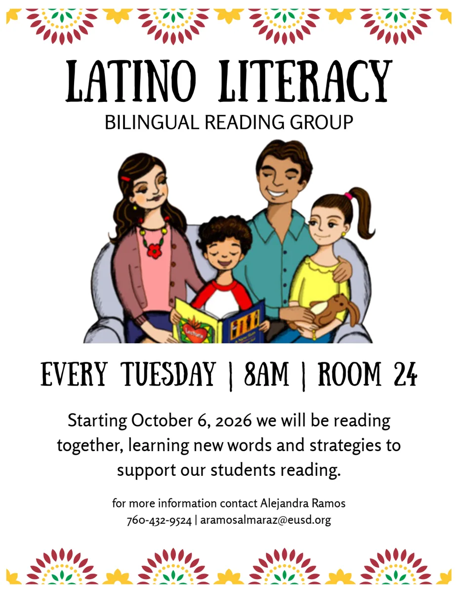 A cartoon illustration of a Latino family — two parents and two young children — sitting together on a sofa and reading a book.