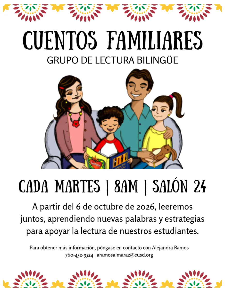 Un volante colorido con decoraciones florales en rojo, amarillo y verde en los bordes, que muestra una ilustración de una familia hispanohablante —dos adultos y dos niños— sentada en un sillón leyendo un libro juntos.