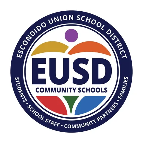 "Escondido Union School District, EUSD Community Schools, Students • School Staff • Community Partners • Families," circular seal with colorful abstract figures in navy blue, gold, orange, red, green, and blue.